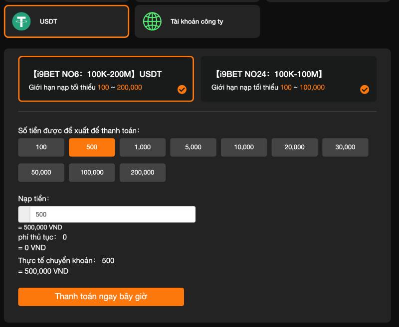Nạp tiền bằng tiền điện tử (USDT)